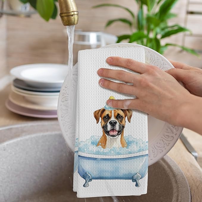 Funny Boxer Dog Bathroom Hand Towel, Boxer Dogs Duck Gifts Hand Towel for Bathroom Kitchen Washroom Decor, Funny Dog in Bathtub Dish Tea Towels, 16x24 Inch