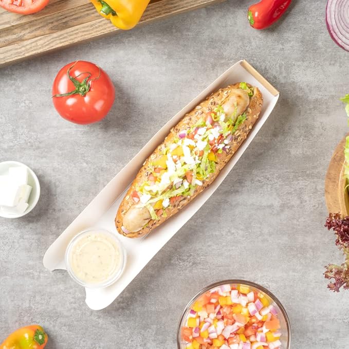 Restaurantware-Bio Tek 11.8 x 2 x 1.3 Inch Hot Dog Trays Pak of 200 Open-Design Hot Dog Containers - 3-Walled, Greaseproof, Recyclable, Disposable, Kraft Paper Serving Trays For Food Trucks