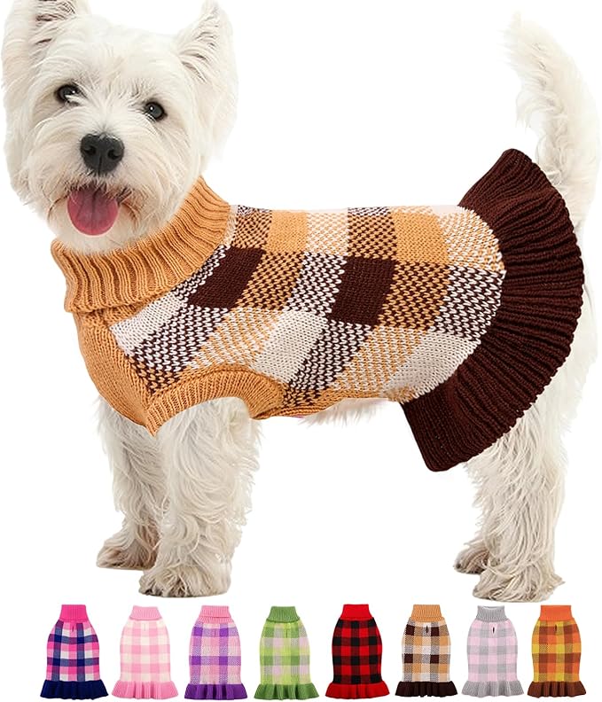 Dog Sweater Dress Plaid Knitwear for Small Medium Dogs Warm Puppy Pet Turtleneck Stretch Pullover Cute Fall Winter Vest Clothes with Leash Hole for Christmas (Coffee, XS)