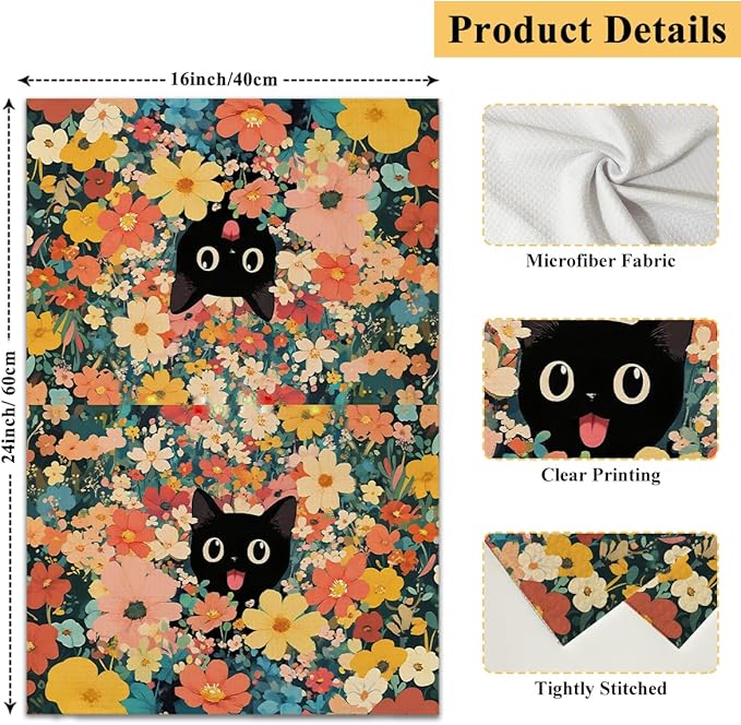 Black Cat Flower Spring Kitchen Towels and Dishcloths Set of 2, Cute Decorative Hand Towel Drying Cloth for Bathroom, Gifts for Cat Lovers, Hostess, Women, 16x24 Inches -21
