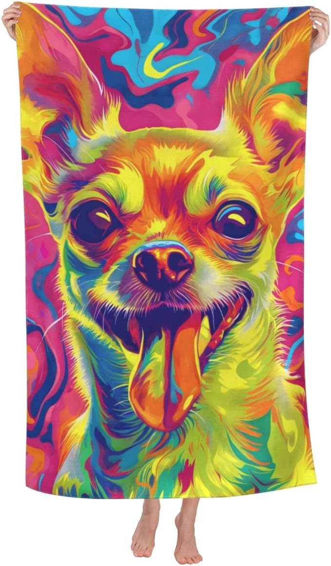 Colorful Chihuahua Beach Towel Dog Sand-Free Microfiber Bath Towel Ultra Soft Quick Dry Pool Towel Absorbent Towel Lightweight Towel Gifts for Outdoor Bathroom Swimming Decor 31inx51in