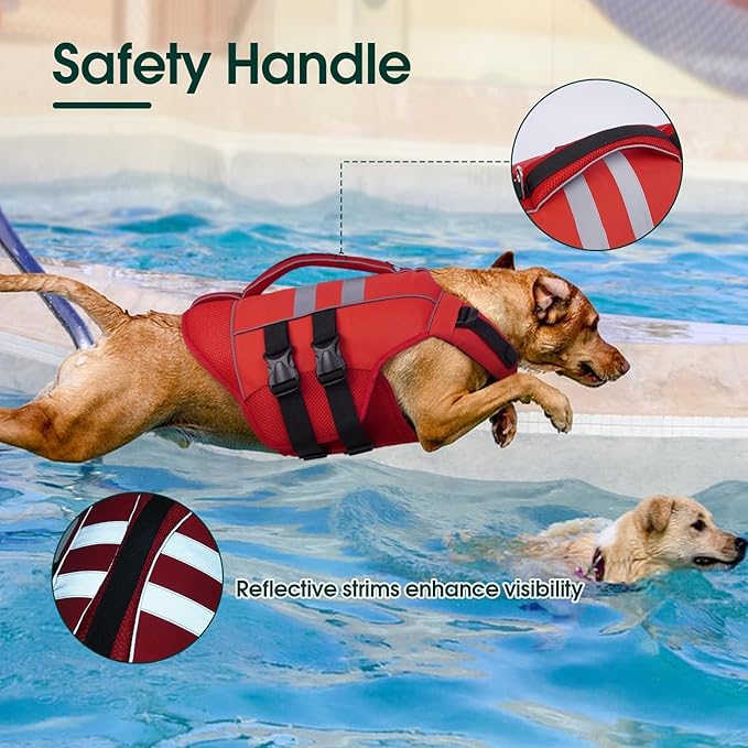 Kuoser XXL Dog Life Jacket, High Flotation Large Dog Water Vest for Swimming Boating, Reflective Doggie Swimming Vest Pet Life Preserver with Rescue Handle, Red XXL