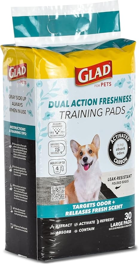 Glad for Pets Dual Action Freshness Activated Carbon Puppy Training Pads with Fragrance Release, Scented Pee Pads, Ultra Absorbent, Odor Control, 23"x23" 30ct - 6 Pack