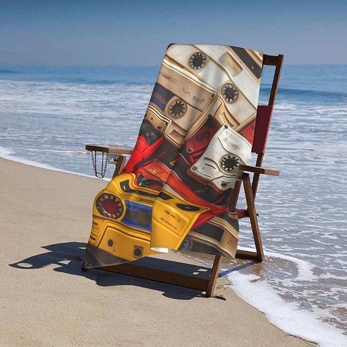 Retro Cassette Tape Beach Towel Music Sand-Free Microfiber Bath Towel Ultra Soft Quick Dry Pool Towel Absorbent Towel Lightweight Towel Gifts for Outdoor Bathroom Swimming Decor 31inx51in