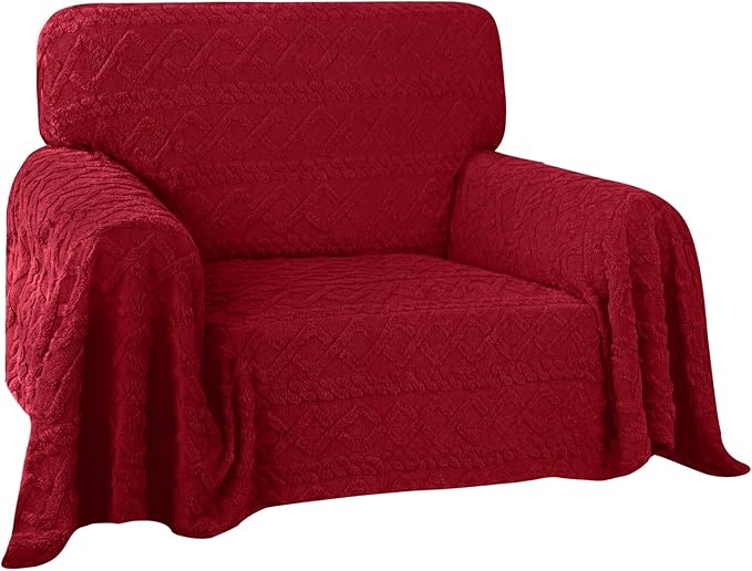 Easy-Going 80X102 inches Chair Sofa Cover, Jacquard Velvet Couch Slipcover for 1 Cushion Couch, L Shape Sectional Covers for Dogs, Washable Sofa Blanket, Furniture Protector for Pets, Christmas Red