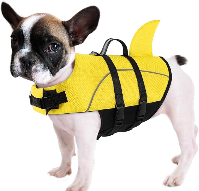 Queenmore Small Dog Life Vest for Swimming, Shark Dog Life Jacket, XS Life Vest for Boating, Puppy Life Jackets for Small Dogs Cats, Pet Floating Dog Swimming Vest with Handle/Leash Hook(Yellow,XS)