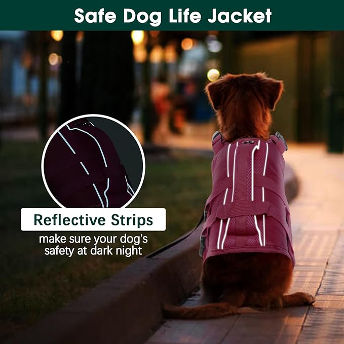 Kuoser Dog Life Jacket High Flotation, Reflective Dogs Life Vest for Swimming Boating, Adjustable Small Medium Large Dog lifejacket, Lightweight Dogs Life Preserver Rescue Handle Spring Summer Pool