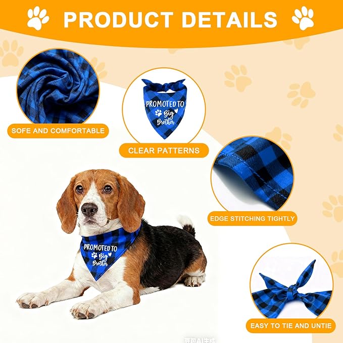 Family Kitchen Promoted to Big Brother Blue Plaid Dog Bandana, Gender Reveal Photo Prop Triangle Pet Scarf Scarves Decorations Accessories, Pet Scarves Dog Lovers Gift