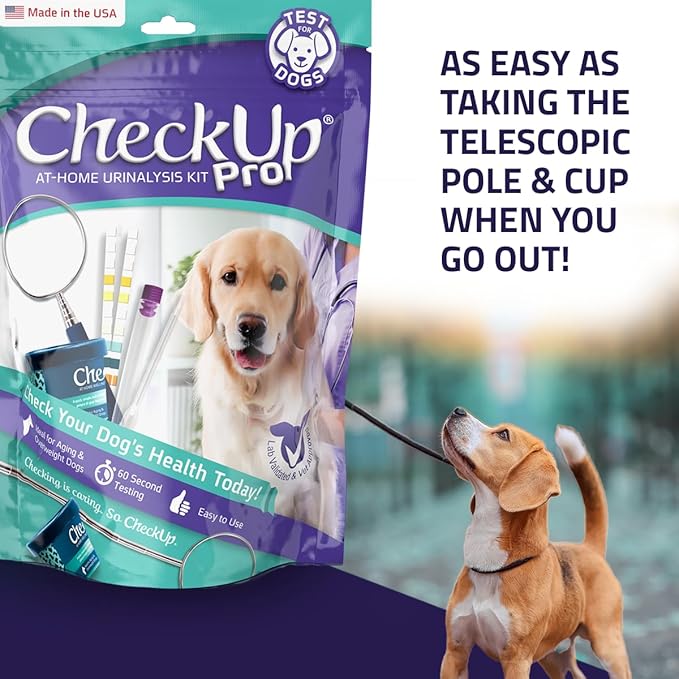 CheckUp Pro at Home Wellness Test for Dogs | Telescopic Pole, Reusable Cup, 2 Strips | Detection of 10 Indicators | pH, Protein, Urobilinogen, Glucose, Bilirubin, Ketone, S-Gravity, Blood in Urine