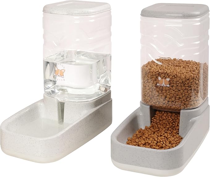 Elevon Automatic Cat Feeder, Gravity Food and Water Dispenser Bowl Set for Small Medium Dogs Animals, Pet Feeder Dispenser Storage Food, 3.8L Large Capacity, White & Gray