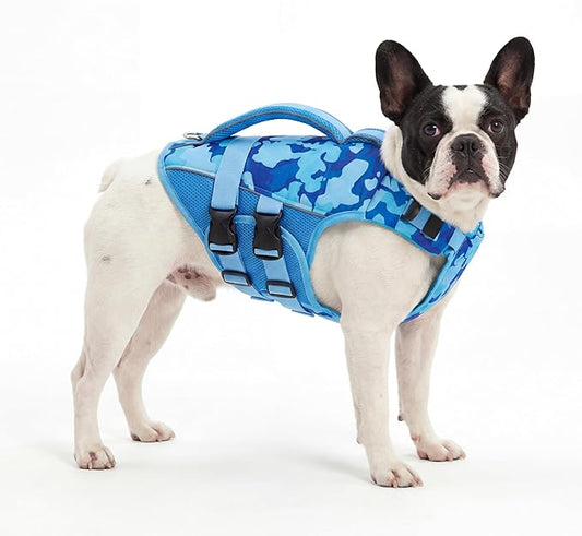 ASENKU Dog Life Jacket, High Floatation Dog Swimming Vest with Rescue Handles for Small Medium Large Dogs, Pet Safety Swimsuit Preserver for Pool Beach Boating (Blue Camo, M)