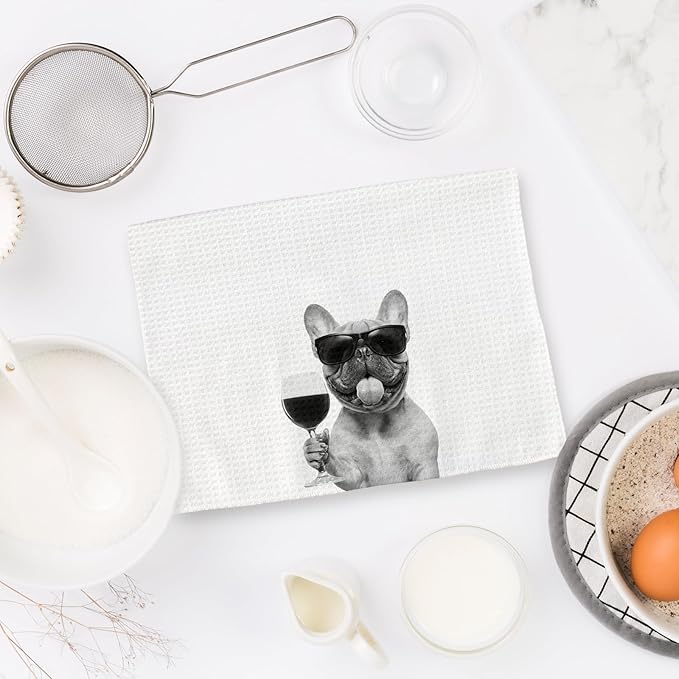 French Bulldog Gifts Wine Kitchen Towels Set of 2, Funny French Bulldog Wine Lover Decorative Hand Dish Towel for Kitchen Home Bar, Gifts for Dog Beer Lovers Home Bar Cart Decor(16x24Inch)