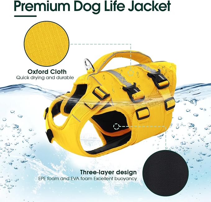 Kuoser Dog Life Jacket, High Flotation Dog Life Vest for Swimming Boating, Adjustable Ripstop Pet Lifesaver for Small Medium and Large Dogs, Reflective Safety Puppy Swimming Vest with Rescue Handle