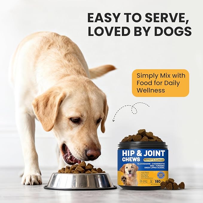 Dog Hip and Joint Supplement with Glucosamine & Chondroitin - Supports Mobility & Pain Relief for Senior & Large Dogs - 180 Soft Chews
