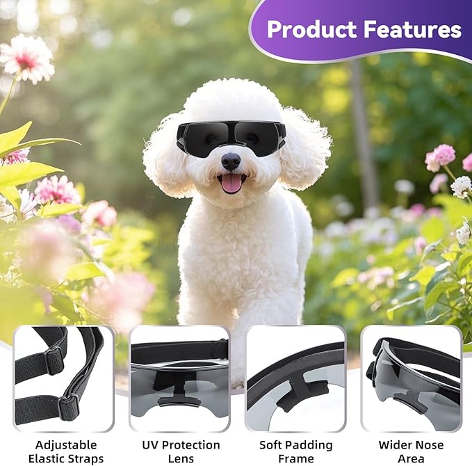 ENJOYING Dog Sunglasses Small Breed, Anti-UV Puppy Goggles for Small Dogs, Windproof Outdoor Dog Eye Protection for Driving Biking, Adjustable Head Straps, Cute Black