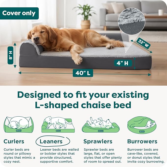 Furhaven Replacement Dog Bed Cover Two-Tone Faux Fur & Suede L Shaped Chaise, Machine Washable - Stone Gray, Jumbo (X-Large)