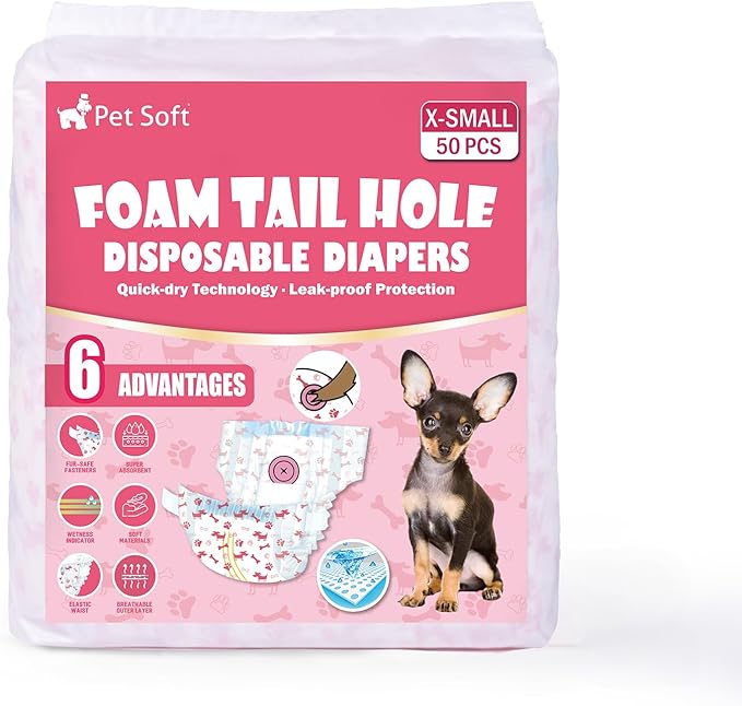 Pet Soft Disposable Dog Diapers - Female Dog Diapers with Adjustable Foam Tail Hole, Ultra Protection Puppy & Cat Diapers Wetness Indicator for Dogs in Heat or Incontinence,50pcs (XS,Red)