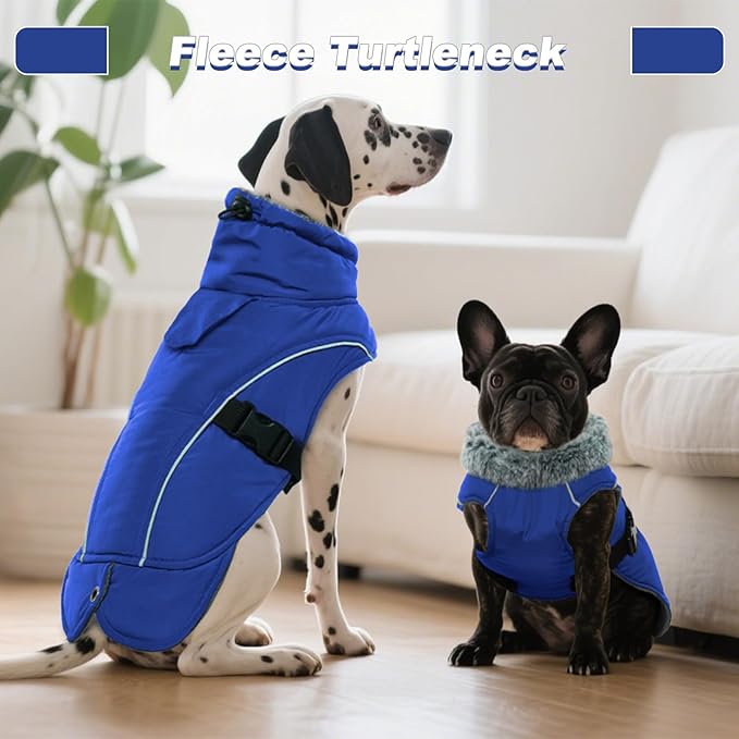 DENTRUN Winter Warm Dog Coat Reflective Jacket with Turtleneck for Cold Weather, Adjustable Buckle Windproof Water Repellent, Thick Snowsuit Fleece Vest for Small, Medium, Large Dogs, Blue, XL