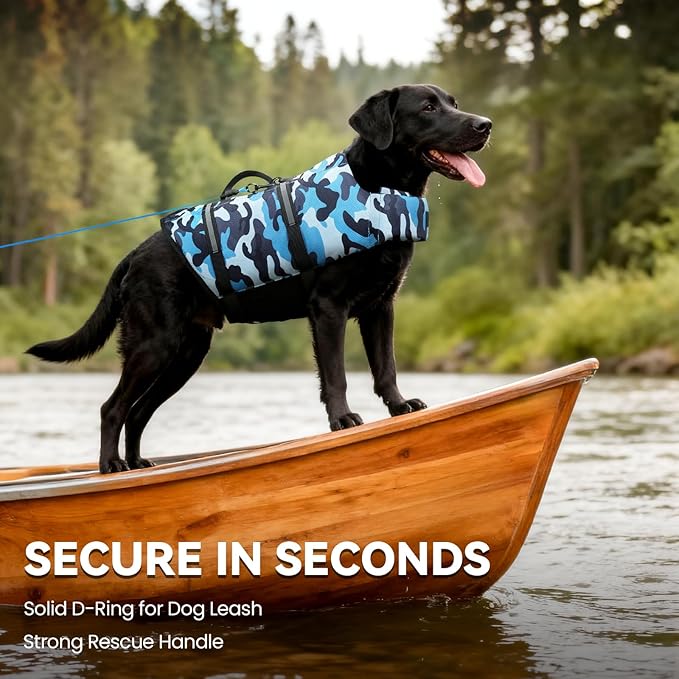 VIVAGLORY Rip Stop Dog Life Vest, Swimming Vest with Handle, Buoyancy for Doggy Puppy, Dog Life Jacket for Swimming & Boating, XXS, Camo Blue