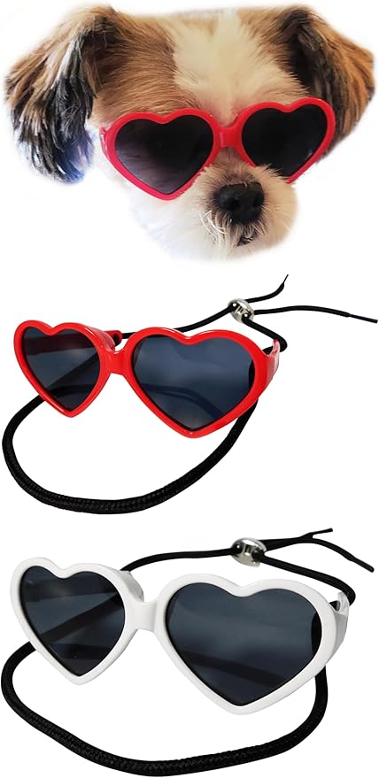 G016 Dog Cat Pet Puppy Heart Sunglasses Glasses for Small Breed up to 15lbs (2-Pack Heart Red + Heart White)