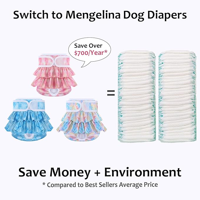 Reusable Dog Diapers Washable (3 Pack), Puppy Diapers Highly Absorbent for Heat & Urination Issues, XS
