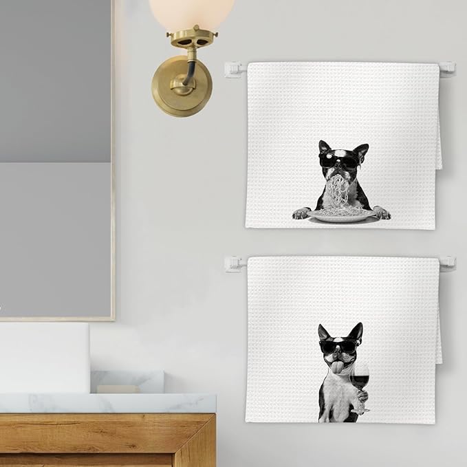 Boston Terrier Gifts Wine Kitchen Towels Set of 2, Funny Boston Terrier Dog Eating Pasta Decorative Hand Dish Towel for Kitchen Home Bar, Gift for Dog Wine Lovers Home Bar Decor(16x24Inch)