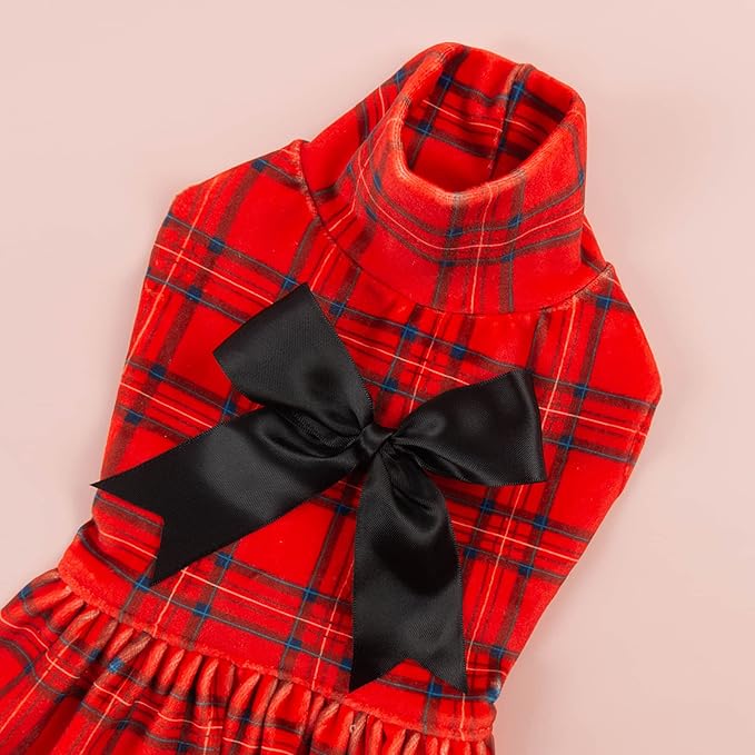 CuteBone Turtleneck Dog Christmas Dress Velvet Puppy Skirt Costume Pet Clothes Cat Apparel with Bow Hair Rope for Small Dogs CVD05XS