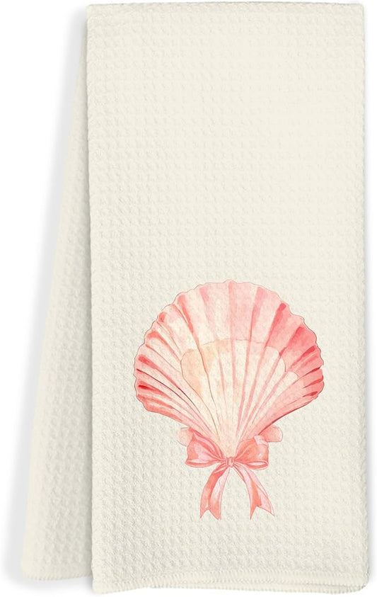 Coquette Pink Bow Seashell Beach Kitchen Towels&Preppy Beach Coastal Nautical Hand Dish Towels for Kitchen Bathroom&Beach Girly Coquette Bathroom Decor, 16x24 Inch
