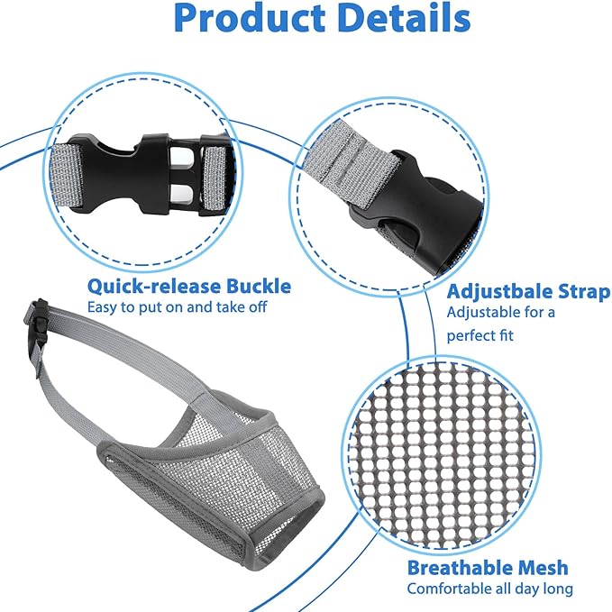 LUCKYPAW Dog Muzzle Suits for Small Medium Large Dogs, Mesh Muzzle Anti Biting Chewing, Breathable Mouth Cover Set with Adjustable Strap for Grooming Vet Visiting Training (Medium 3 PCS(M-XL), Grey)