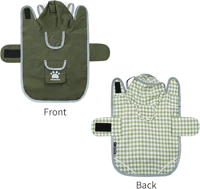 MAMORE Dog Raincoat Reversible,Waterproof Dog Rain Coat Hooded Slicker Poncho with Reflective Strip, Plaid Double Layer Rain Jacket for Small Medium Large Dogs (Army Green, Small(9-13lb))