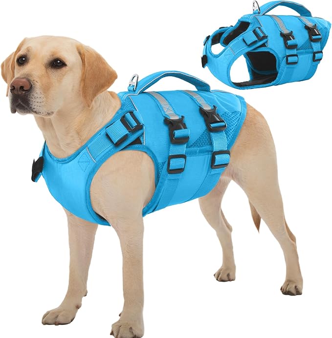 Kuoser Dog Life Jacket, High Flotation Dog Life Vest for Swimming Boating, Adjustable Ripstop Pet Lifesaver for Small Medium and Large Dogs, Reflective Safety Puppy Swimming Vest with Rescue Handle
