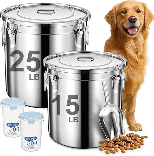 Newget Dog Food Storage Containers, Large Stainless Steel Pet Food Storage Containers 38 lb / 17 kg to Keep Fresh, Metal Airtight Cat Food Containers With Scoop and 2 Small Containers