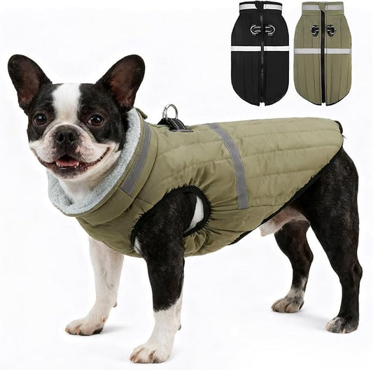 EXPAWLORER Dog Winter Coat Jacket, Thick Warm Waterproof Reflective Puppy Snowsuit with Harness Buit in, Pet Fleece Vest Soft Turtleneck with Zipper Cold Weather for Small Medium Dogs - Green, M