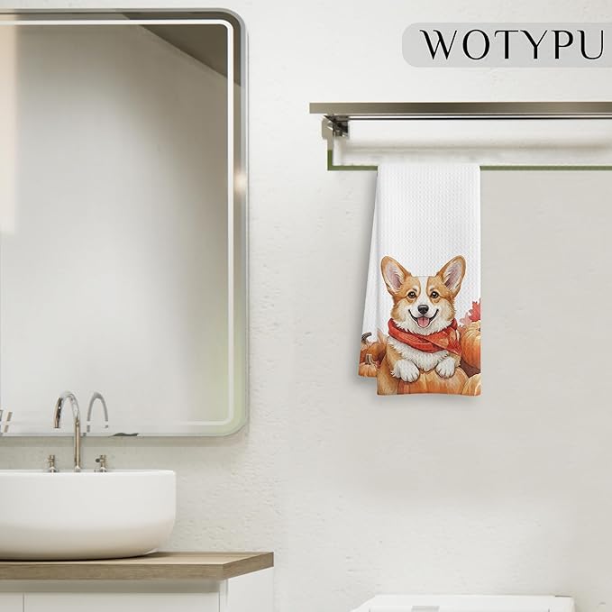 Fall Corgi Gift Kitchen Towels, Corgi Lover Gifts Dish Tea Towel for Kitchen Decor, Farmhouse Fall Autumn Maple Leaf Dog Hand Towels for Bathroom Decor,16X24 Inch