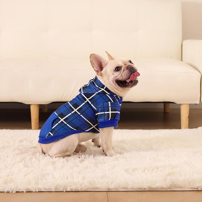 EXPAWLORER Plaid Dog Hoodie - British Style Warm Dog Sweater Shirt with Leash Hole,Pitbull Clothes Outfits,Winter Coat Apparel for All Breeds Puppy Girl Boy-Cat Apparel,Navy Blue Small