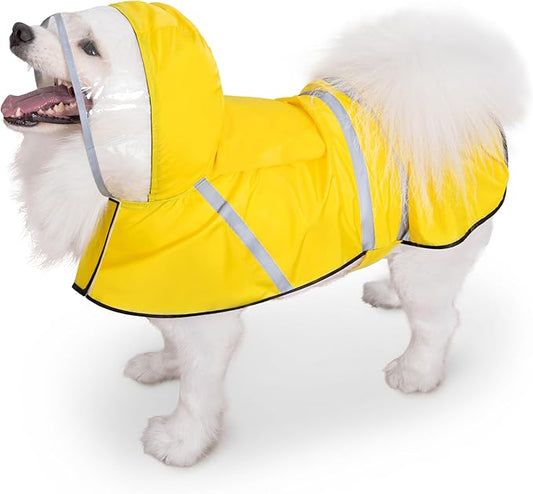 Dog Raincoat, Adjustable Rain Jacket with Hooded Double Layer for Large Medium Small Dogs Puppies, Lightweight Waterproof Rain Coat Poncho with Reflective Stripe Yellow,XXL