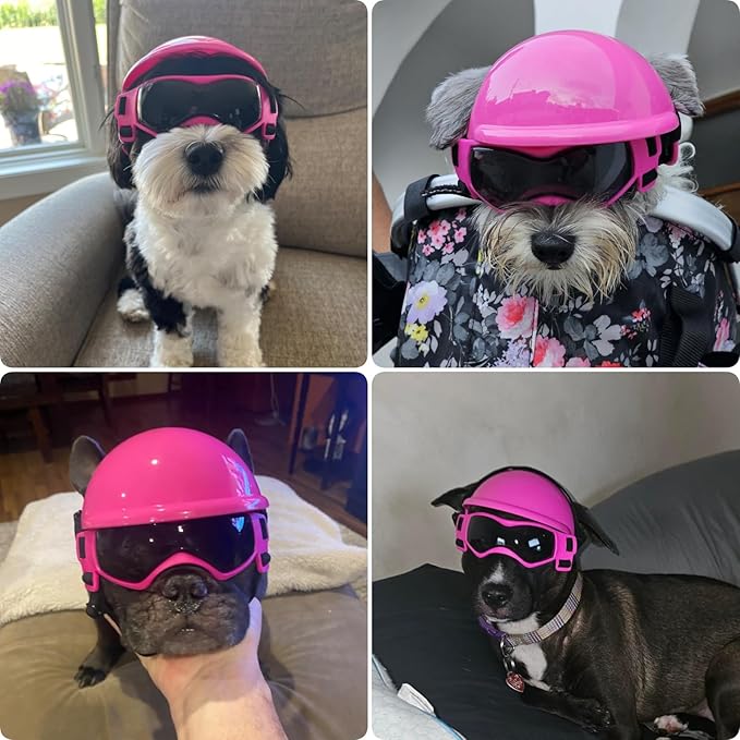 PETLESO Small Dog Goggles with Helmet, 2PCS Pet Sunglasses and Dog Motorcycle Helmet with Ear Holes, Small Medium Breed Outdoor Driving Walking Biking Protection, All Pink