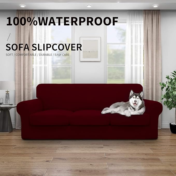 Easy-Going 100% Dual Waterproof 4 Pieces Oversized Cover Stretch Soft Couch Cover for Dogs, Sofa Slipcover for 3 Separate Cushion Couch Leakproof Furniture Protector for Kids, Pets Wine