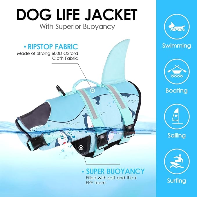 AOFITEE Dog Life Jacket, Shark Dog Life Vest for Swimming Boating, Reflective High Flotation Small Dogs Lifesaver, Ripstop Pet Swim Vest Swimsuit with Rescue Handle for Small Medium Large Dogs, S