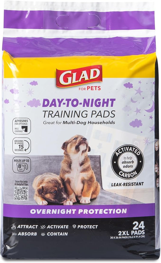 Glad for Pets Day to Night Activated Carbon Puppy Training Pads, Odor Control Disposable Dog Pads with Adhesive and Wall Protection, Leak Proof and Super Absorbent, 30 x 36 Inch, 24 Count