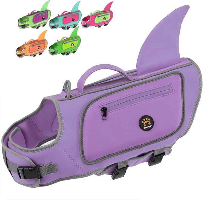 Dog Life Vests for Boating and Swimming, Dog Life Jacket with Shark Fin, Rescue Handle Pet Preserver for Medium Dogs, Neoprene Good Buoyancy Dogs Floating Safety Vest (Lilac, Medium)