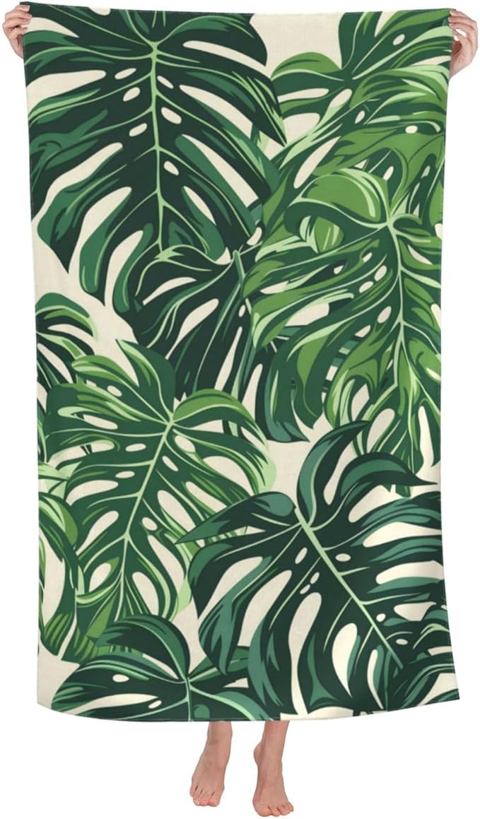 Monstera Leaf Beach Towel 31inx51in, Plant Sand-Free Microfiber Bath Towel Ultra Soft Quick Dry Pool Towel Absorbent Towel Lightweight Towel for Swimming Bathroom Decor