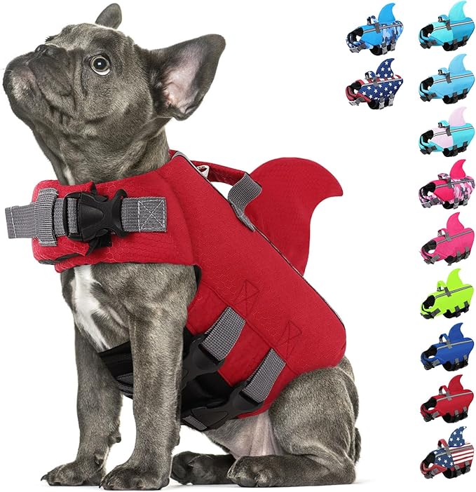 SUNFURA Dog Life Jacket Shark Life Vest for Dogs, Adjustable Swmming Vest with High Buoyancy, Safety Lifesaver with Rescue Handle for French Bulldog Small Medium Breeds, Burgundy L