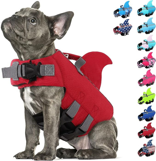 SUNFURA Dog Life Jacket Shark Life Vest for Dogs, Adjustable Swmming Vest with High Buoyancy, Safety Lifesaver with Rescue Handle for French Bulldog Small Medium Breeds, Burgundy L