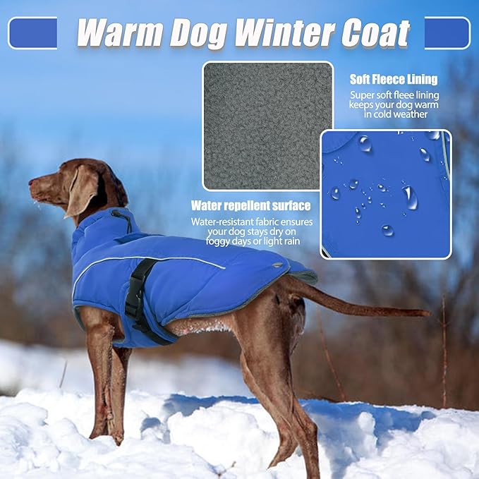 DENTRUN Winter Warm Dog Coat Reflective Jacket with Turtleneck for Cold Weather, Adjustable Buckle Windproof Water Repellent, Thick Snowsuit Fleece Vest for Small, Medium, Large Dogs, Blue, XL