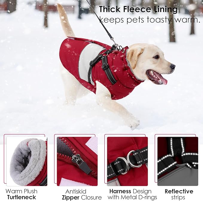 AOFITEE Dog Coat, Dog Christmas Sweater, Dogs Winter Coat with Harness Built in, Reflective Waterproof Pet Jacket with Furry Collar, Pet Snow Suit for Large Dogs, Doberman, Great Dane, XXXL