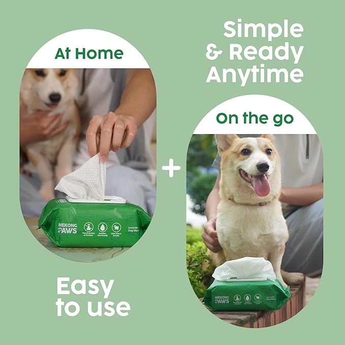 Bamboo Grooming Wipes - Calming Lavender Scented - Freshening Dog Cat Wipe - Gentle on Sensitive Skin - Thick & Durable for Paws, Coat & Bum - 100 Count