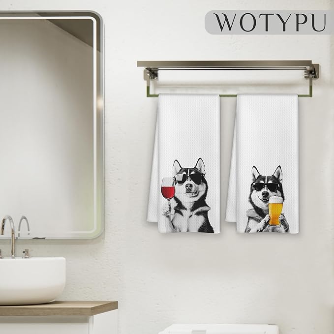 Funny Siberian Husky Kitchen Bar Towels, Gifts for Husky Lovers, Wine Beer Lovers Gifts Decorative Hand Towels for Kitchen Bar Cart Decor, 16x24 Inch Set of 2