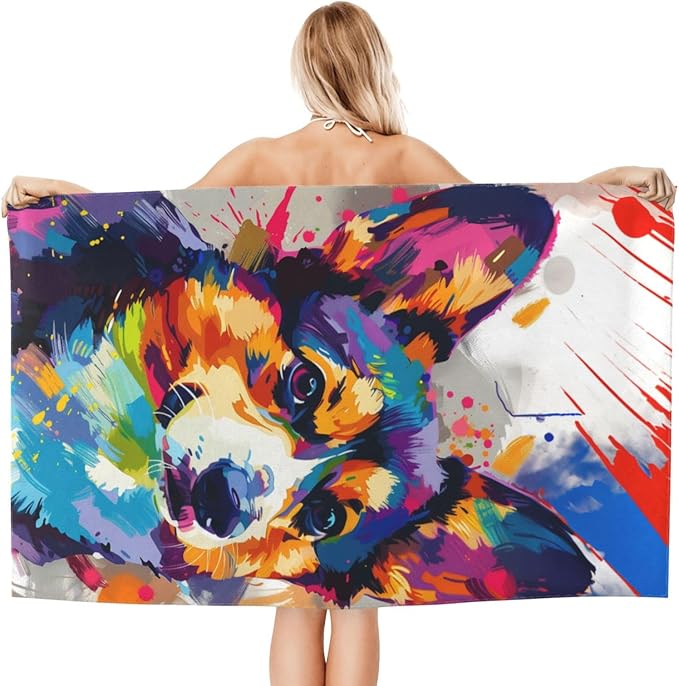 Colorful Corgi Beach Towel,32x52in Microfiber Quick Dry Vibrant Dog Abstract Pet Puppy Bath Towels,Soft Lightweight Oversized Sand Free,for Travel Pool Swimming Gym Decor,Gifts
