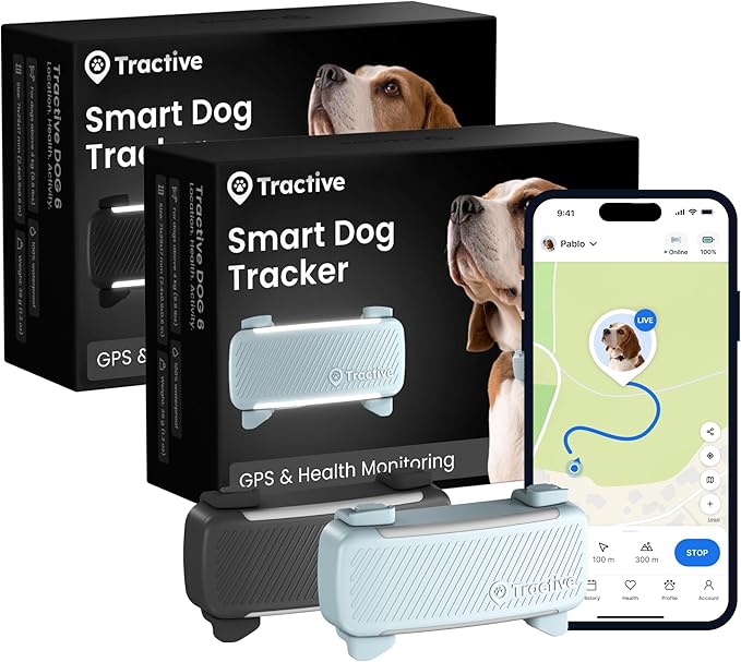 Tractive Smart Dog GPS Tracker | Live Pet Tracker with Virtual Fence | Vital Signs Monitoring of Heart & Respiratory Rate | Bark Monitoring | Dog Collar Attachment (Bundle of 2, Black & Mint)